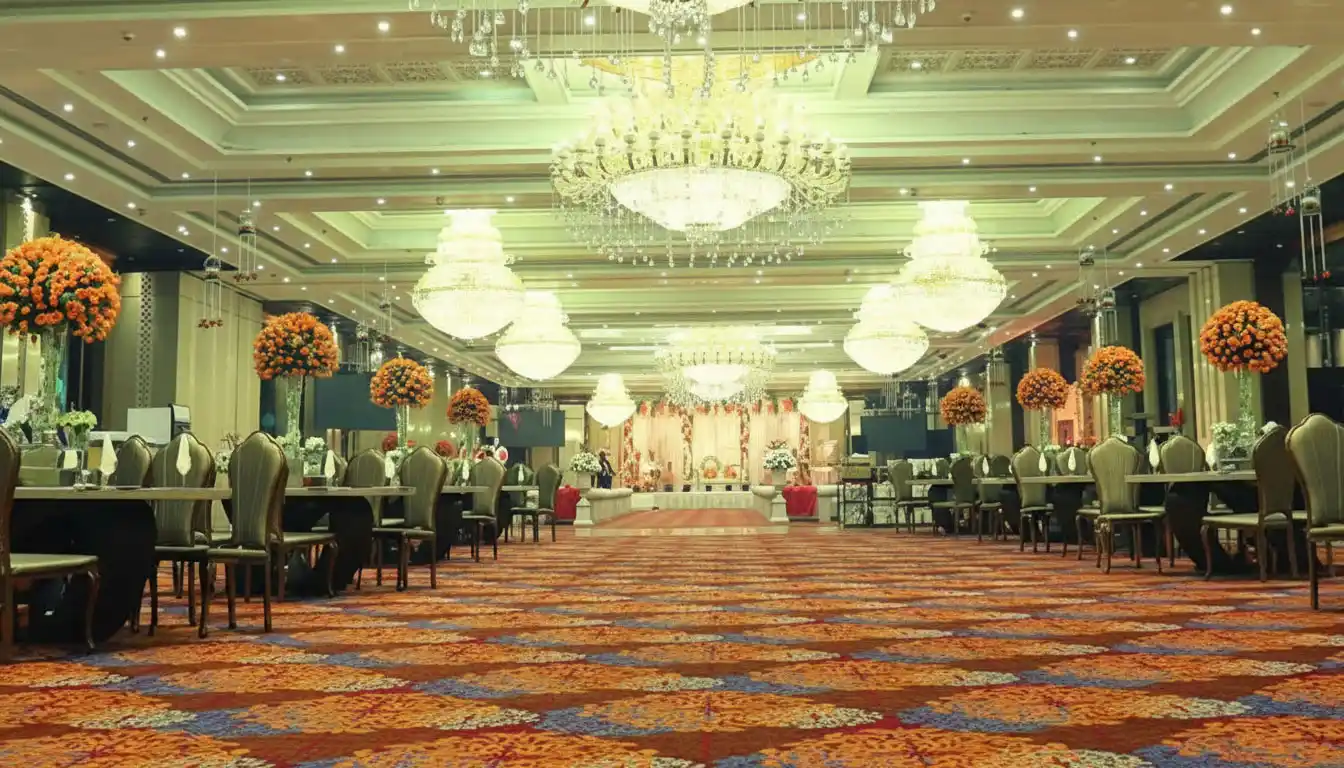 Luxury heritage banquet hall with candlelight decor and stage