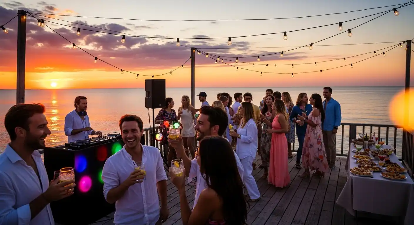 Riverside party deck with evening lights and cocktail setup