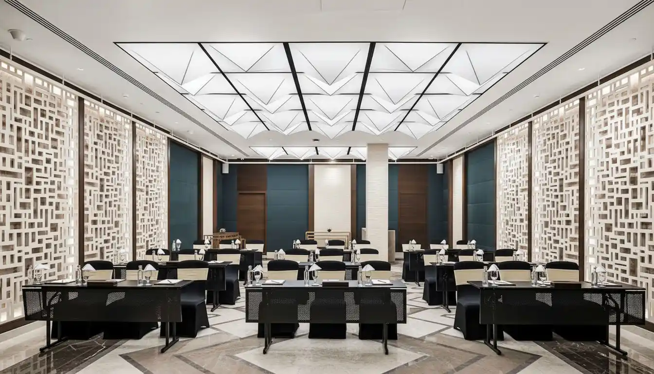Corporate training room with classroom style seating layout