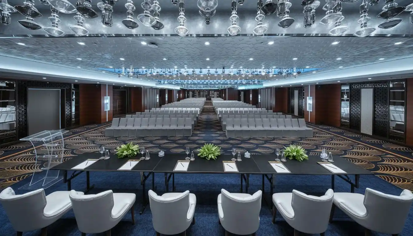 Conference stage setup for panel discussion and presentation
