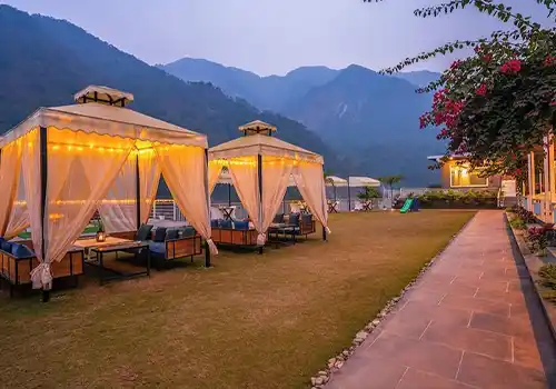 Riverside outdoor venue with Ganga views and open air event ground setup