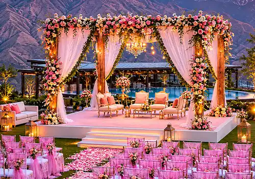 Hilltop resort with panoramic mountain views and wedding decor